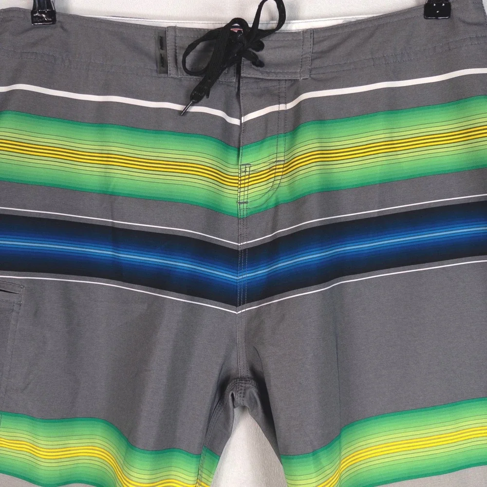Ron Jon Mens Board Shorts Size 34 Gray Green Striped Surf Swim Trunks Beach *